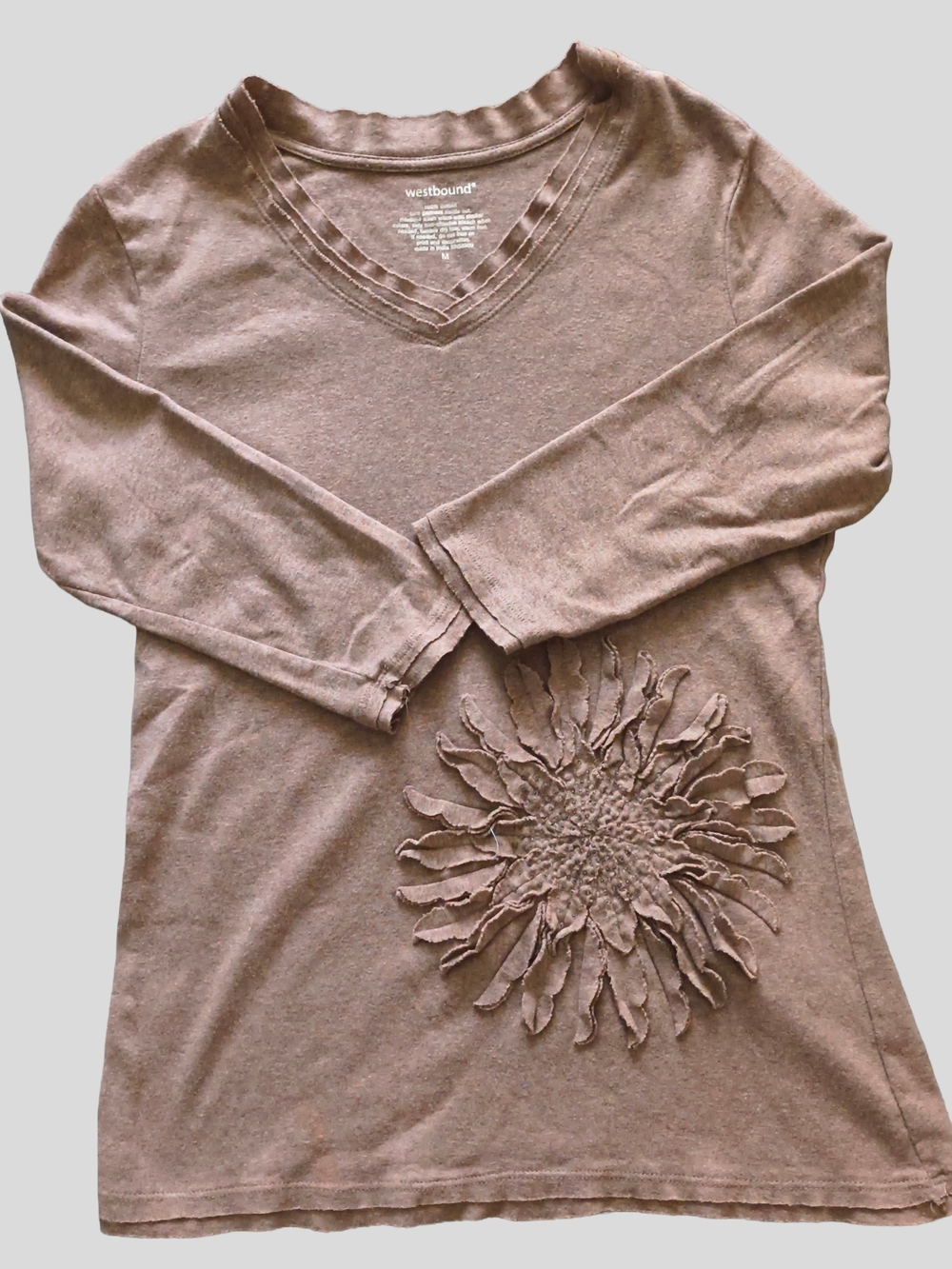 Westbound Taupe V-Neck 3/4 Sleeve Top with Floral Appliqué